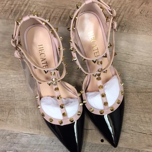 Hecater Ankle Strap Studded Patent Faux Leather Black and Cream Heels - Picture 5 of 9